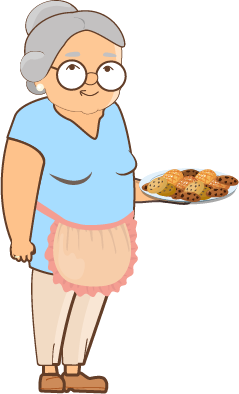 A happy grandma named Lenchen with round glasses, short gray hair and a blue shirt who serves her customers a bunch of cookies on a silver plate.